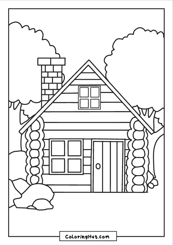 Forest log cabin coloring page with a brick chimney, surrounded by lush trees and rocks.