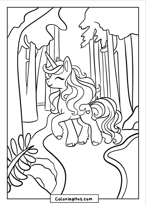 Happy unicorn walking along a forest path surrounded by trees and nature
