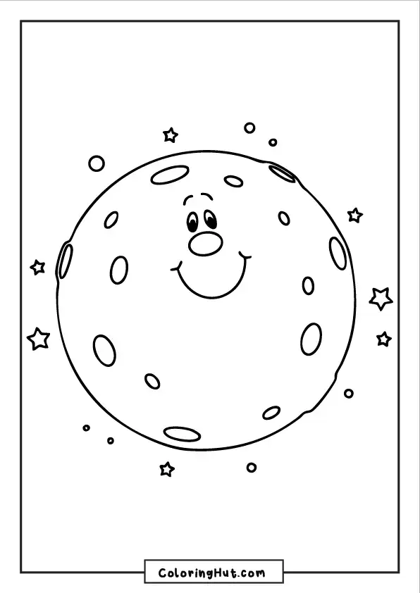 Happy, friendly full moon with smiling face and small stars around it coloring page