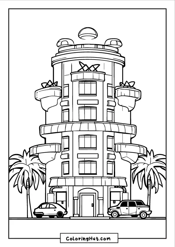 A futuristic high-rise apartment with multiple levels, rounded architecture, and palm trees.