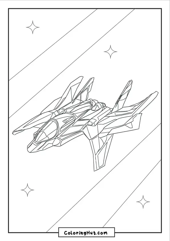 Sleek futuristic spaceship flying through space with geometric details, stars, and cosmic background.