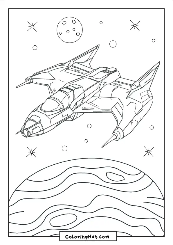 Spaceship traveling above a planet surface, featuring moons and distant stars for coloring.