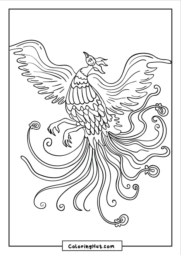 Beautiful phoenix with outstretched wings and curled tail feathers in an elegant pose
