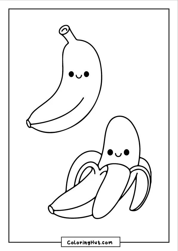 Fun banana coloring sheet with two smiling bananas, one fully peeled and one unpeeled.