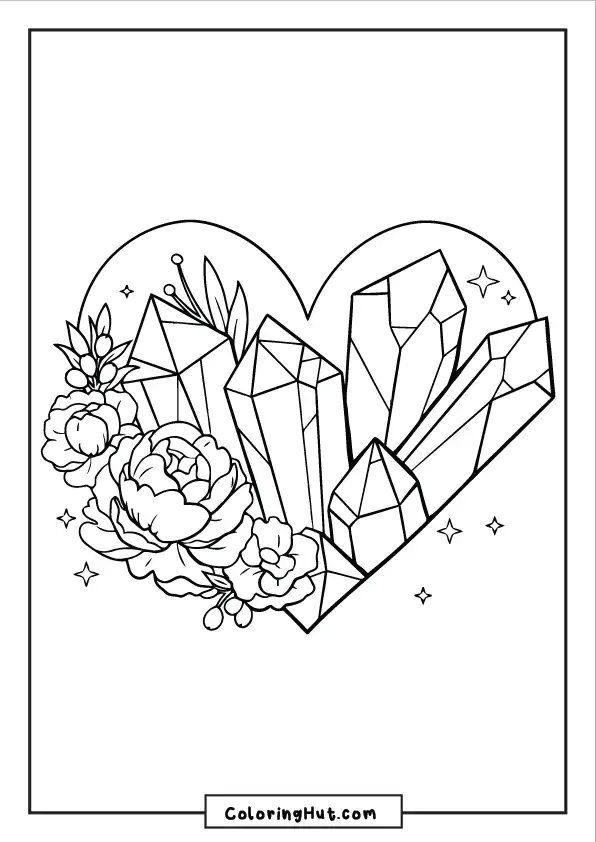 Heart-shaped background filled with crystals and floral arrangements