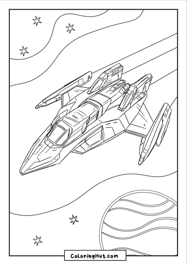 Detailed spaceship zooming past planets and stars, perfect for space adventure coloring activities.