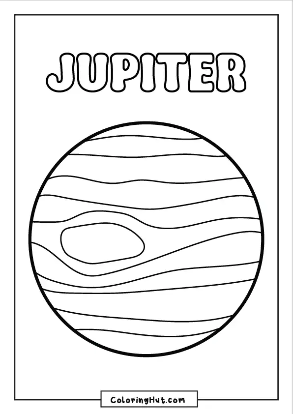 Printable Jupiter coloring page with the Great Red Spot and swirling gas patterns