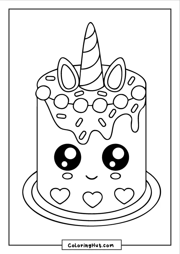 Cute unicorn-themed cake with big eyes, hearts, and sprinkles
