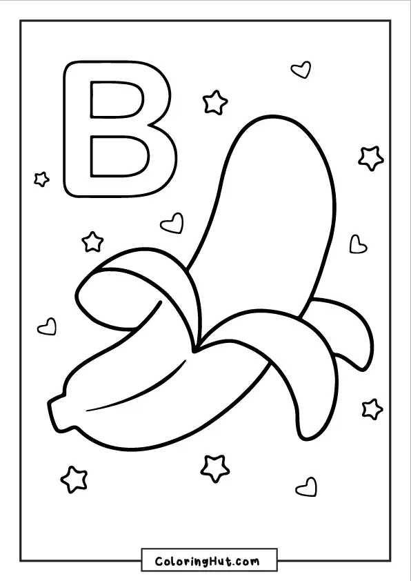 Educational banana coloring page with the letter B, a peeled banana, and decorative stars.
