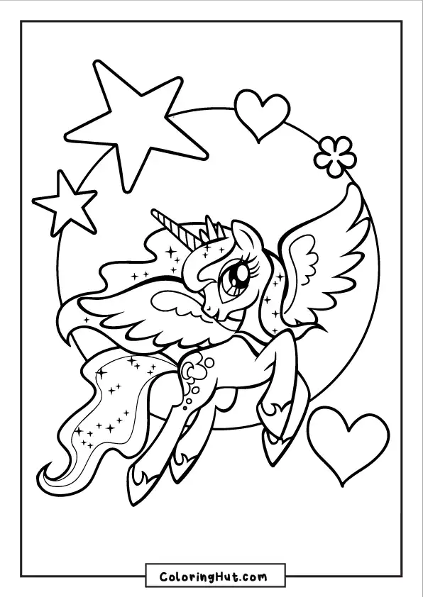 Sparkling winged unicorn flying with hearts and stars in the background