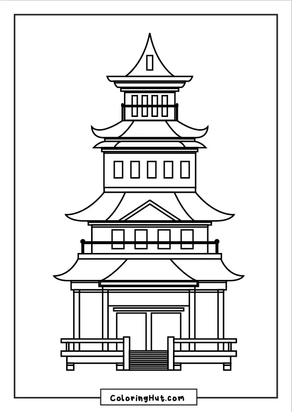 Majestic Oriental-style pagoda with grand doors, balconies, and detailed multi-tiered roofs.