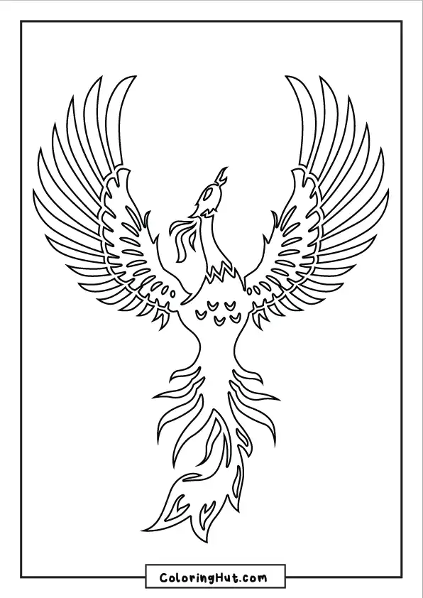 Phoenix coloring page featuring a majestic bird with wide open wings and flame-like tail feathers
