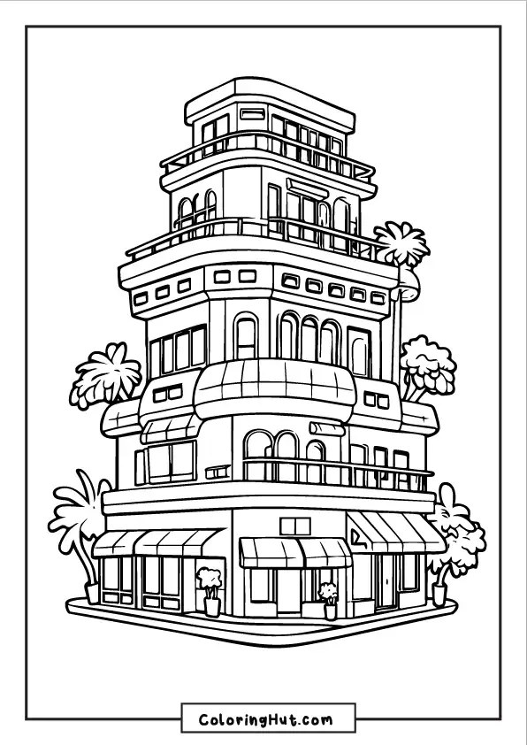 Detailed illustration of a modern multi-story apartment building with balconies and storefronts.