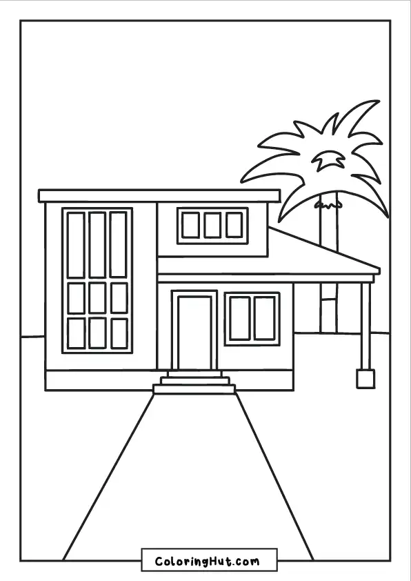 Modern tropical villa with palm tree, large windows, and inviting front porch.