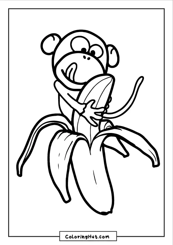 Playful monkey eating a banana coloring page, perfect for kids and animal lovers.
