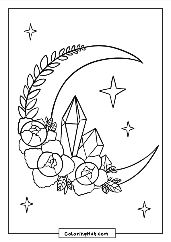 Large crescent moon with stars, surrounded by crystal shards and blooming flowers