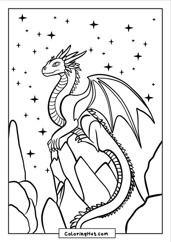Serene dragon perched on mountain peaks under a star-filled night sky
