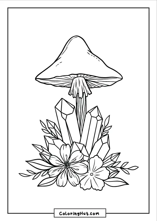 Large forest mushroom above crystals and flower bouquet in a nature-inspired design