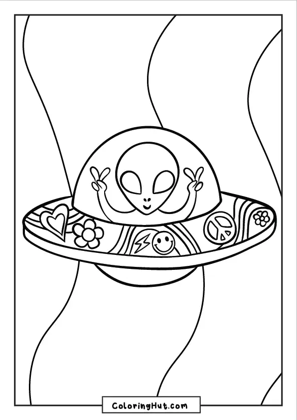 Smiling alien flashing peace signs from a decorated UFO – playful space art for kids to color