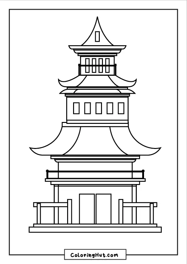 Serene Asian pagoda scene coloring page, featuring beautiful tiered roofs, doors, and balconies.