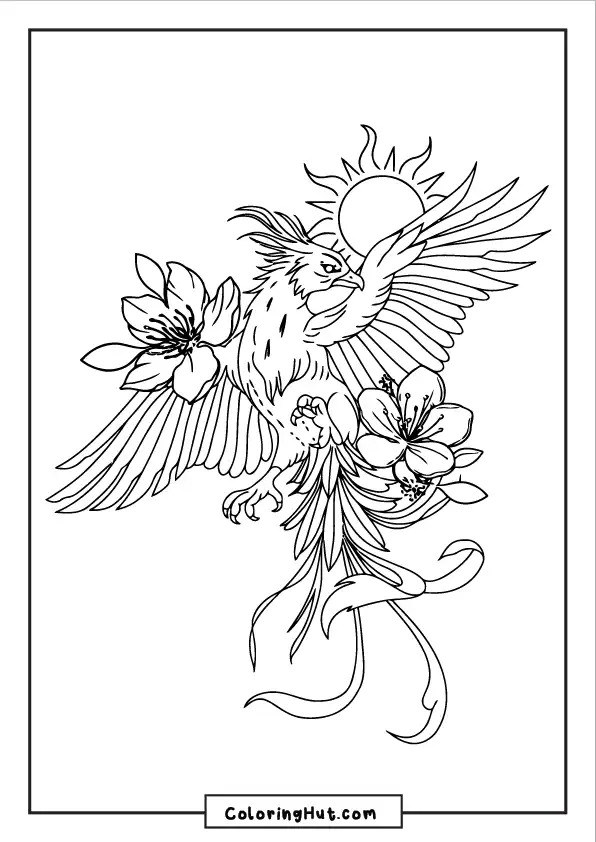 Peaceful phoenix surrounded by large blooming flowers and a shining sun in the background