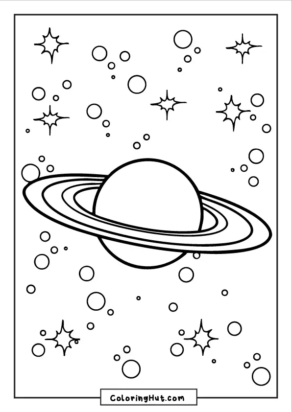 Simple planet with rings illustration surrounded by sparkling stars and bubbles for coloring.