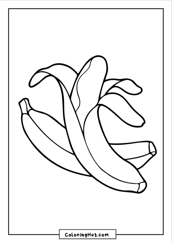 Printable coloring page of a realistic bunch of bananas with peeled and unpeeled bananas.