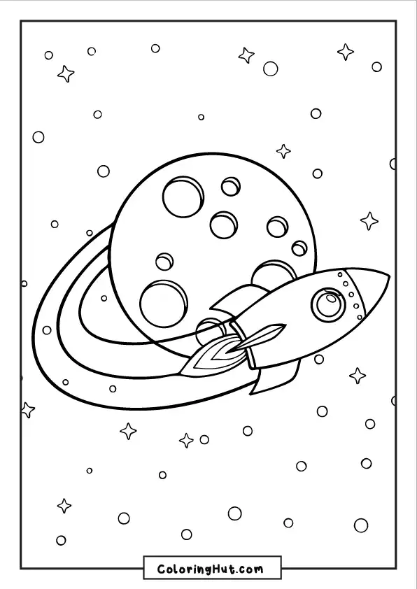 Space rocket traveling near a ringed planet surrounded by stars coloring page