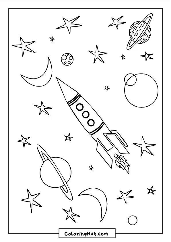 Simple rocket exploring space among stars, moons, planets, and crescent moons coloring image.