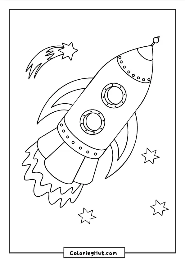 Fun rocket illustration zooming past a shooting star and small stars, great for kids coloring activity.