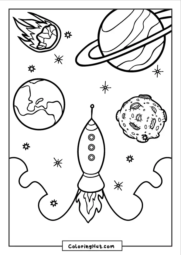 Rocket launching into space, surrounded by planets, a comet, an asteroid, and distant stars for coloring.