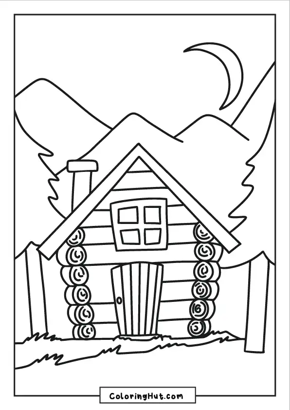 Rustic log cabin coloring page set against a nighttime background with mountains, pine trees, and a crescent moon.