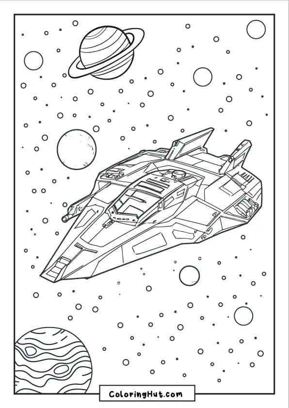 Sci-fi style spaceship cruising in space surrounded by planets, moons, and stars in the background.