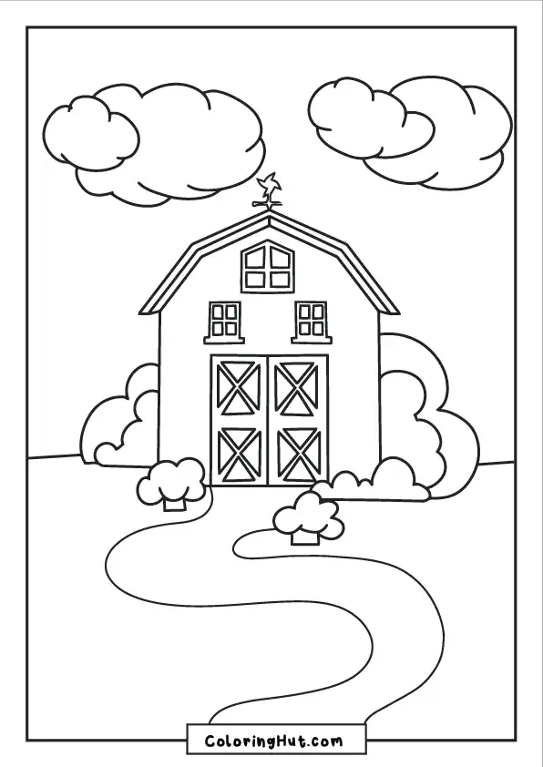 Simple farm barn scene with fluffy clouds and a winding path leading to barn doors.