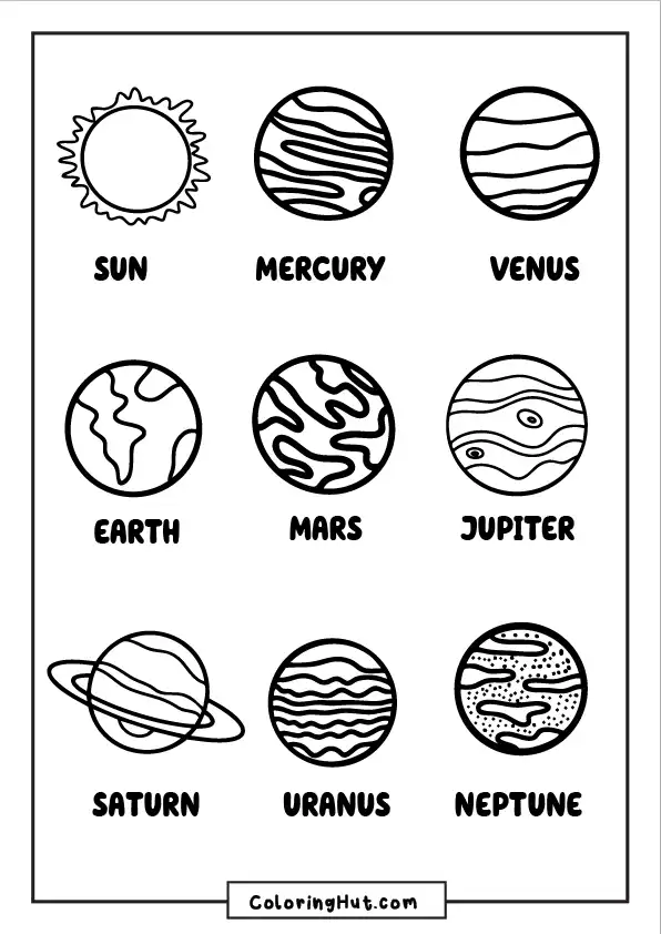 Easy-to-color individual illustrations of the sun and each planet of the solar system clearly labeled, ideal for learning and coloring.