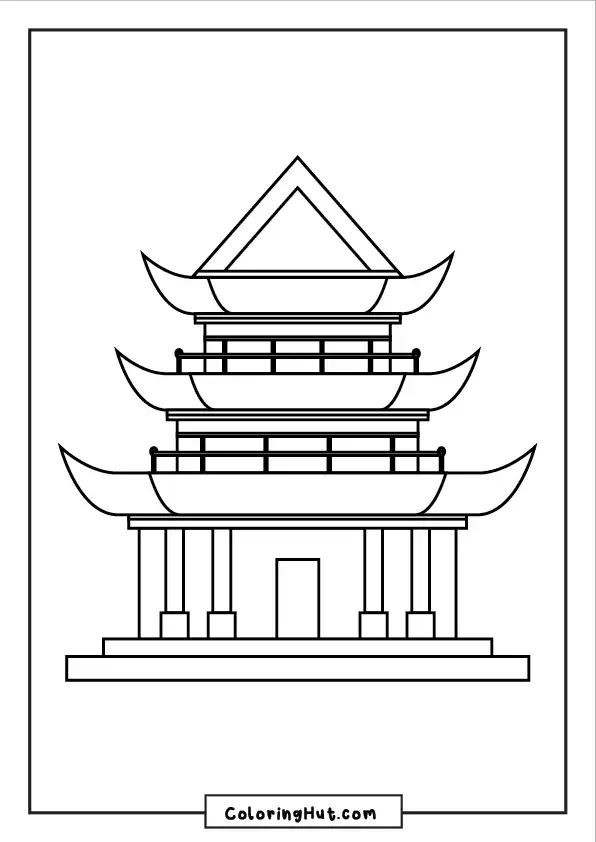Clear and simple three-tiered pagoda structure, perfect for beginner-level coloring activities.
