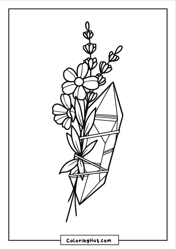 A single crystal wrapped with wildflowers and leaves in a simple design