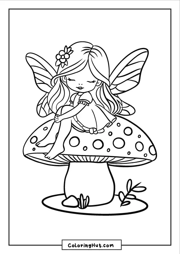 A peaceful fairy resting on a large toadstool with flowers and tiny details.
