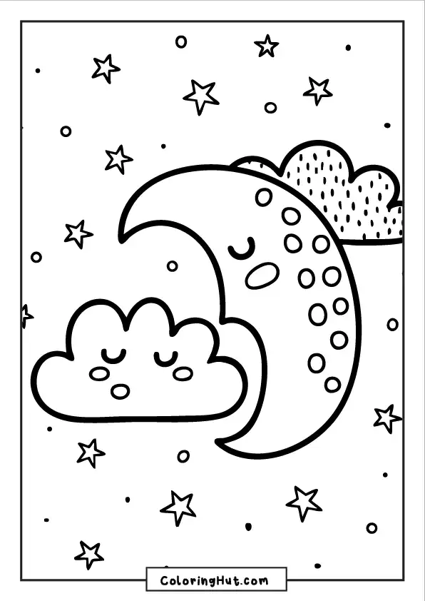 Peaceful crescent moon sleeping beside a cozy cloud under a starry sky coloring page