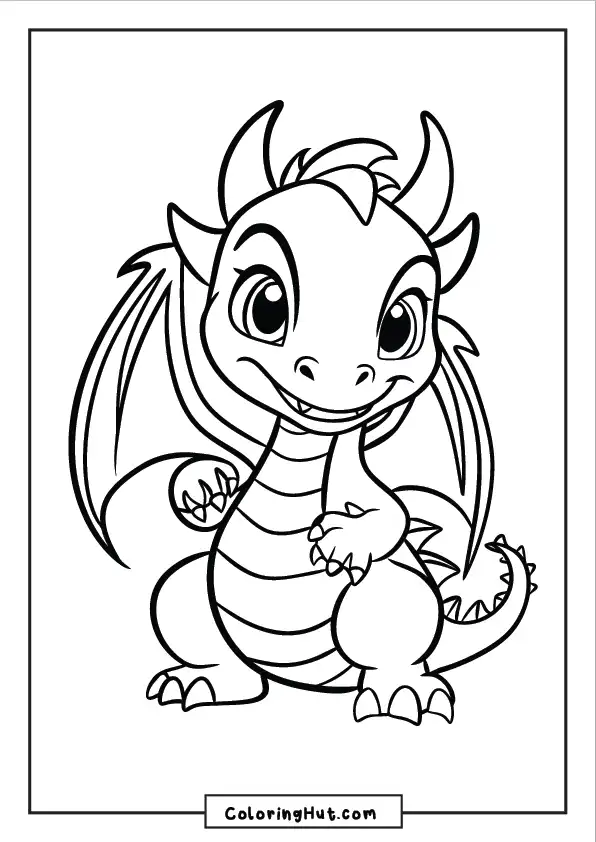 Playful cartoon dragon with big eyes and striped belly ready to fly