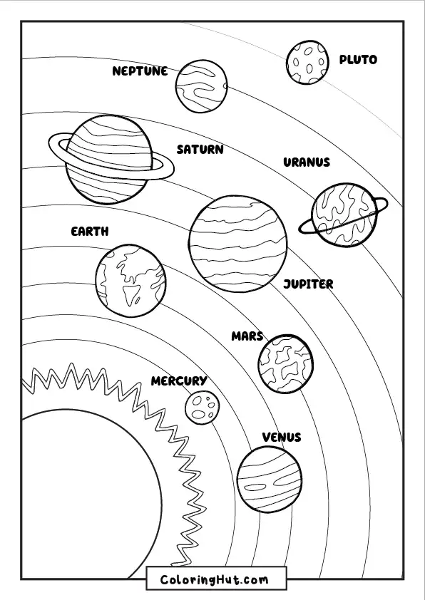 Educational coloring page with clearly labeled solar system planets arranged in orbital order around the sun.