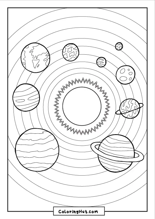 Coloring page of solar system showing planets orbiting around a central sun with orbital paths clearly marked.