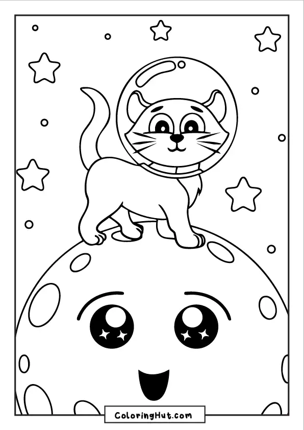 Cute cat astronaut standing on a smiling moon surrounded by stars coloring page