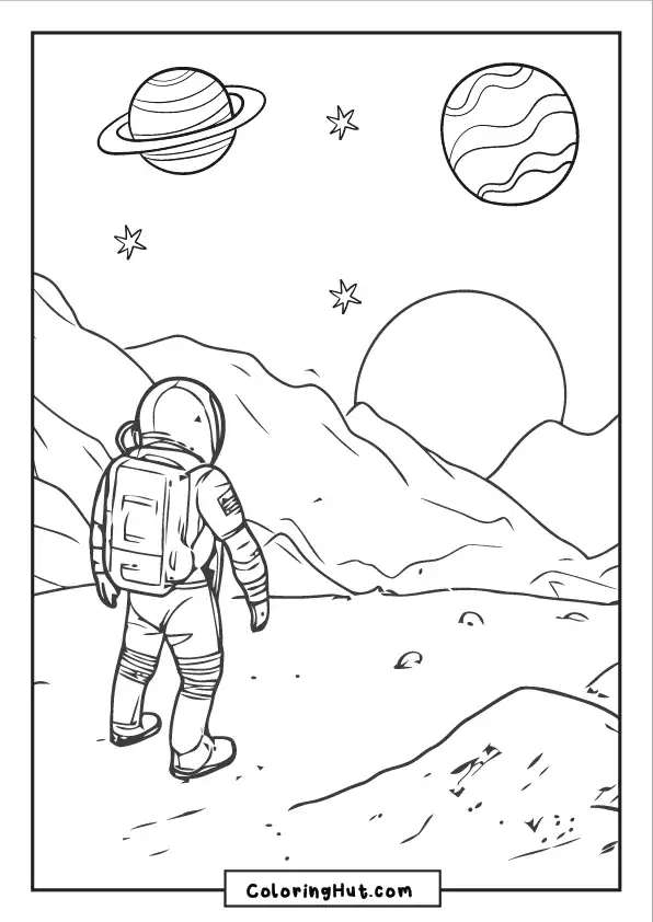 Space traveler gazing at multiple planets and stars while standing on a rocky surface.