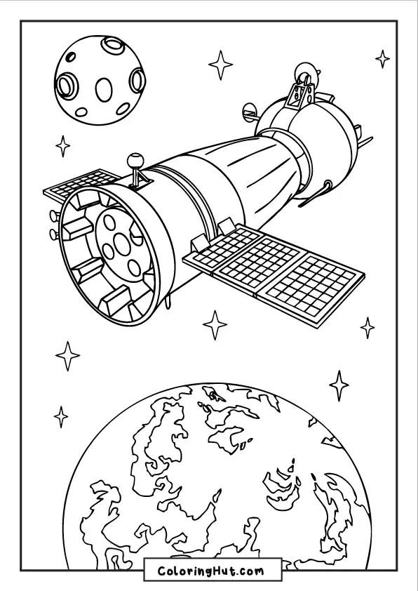 Detailed illustration of a satellite orbiting Earth, with a nearby moon and stars, perfect for coloring.
