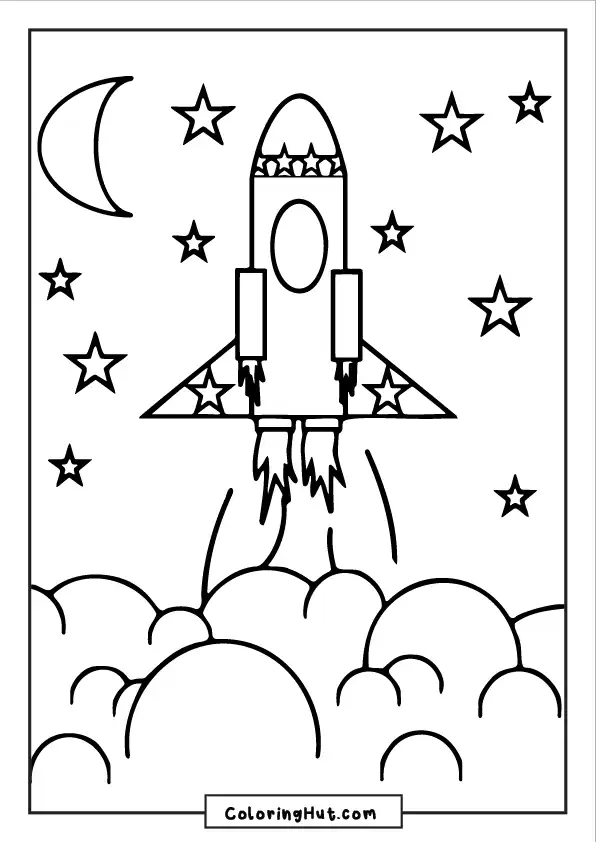 Rocket blasting off through clouds into a starry night sky with crescent moon, ideal for kids coloring.