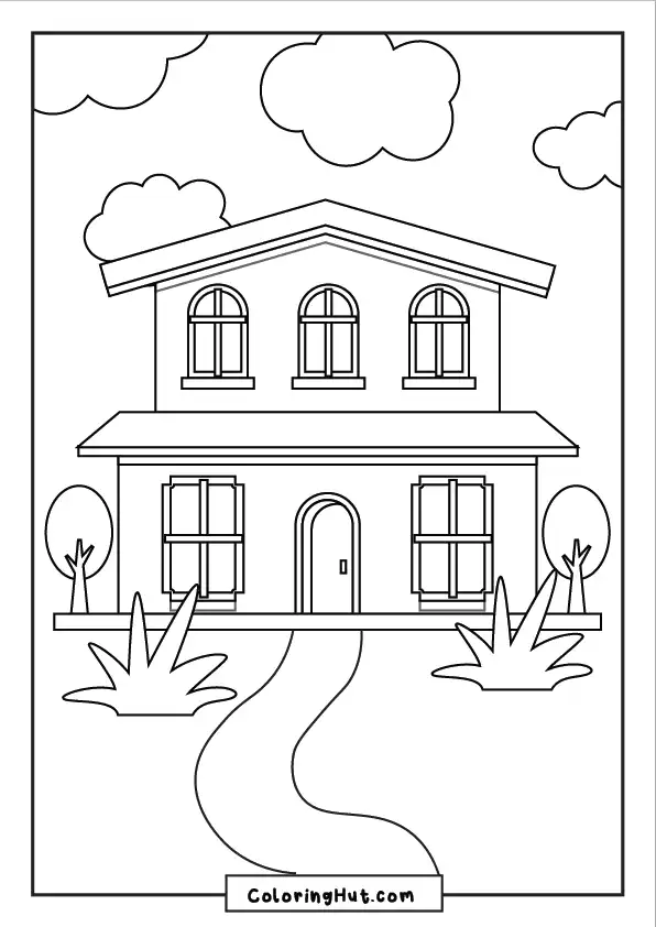 Charming two-story suburban villa with arched windows, a curved pathway, and garden elements.
