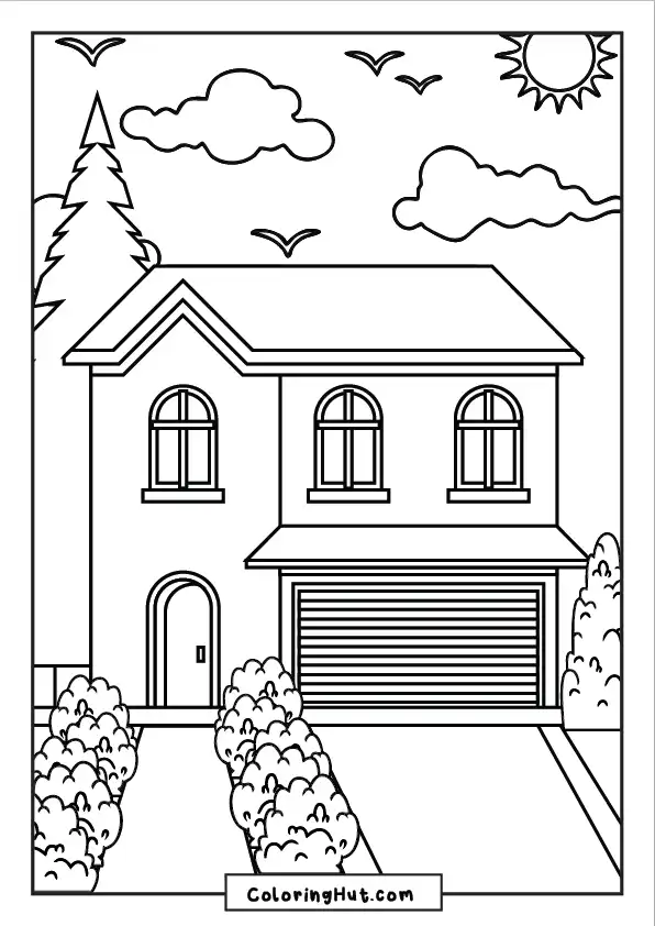 Two-story villa with garage, garden path, sunny skies, birds, and detailed landscaping.