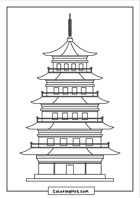 Intricate coloring page of a tall multi-level pagoda with elegant roofs and decorative details.
