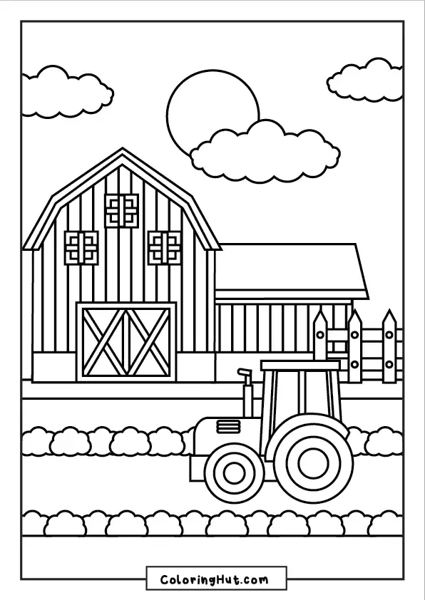 Farm barn coloring scene featuring a tractor in the foreground, barn, fence, and sunny sky.